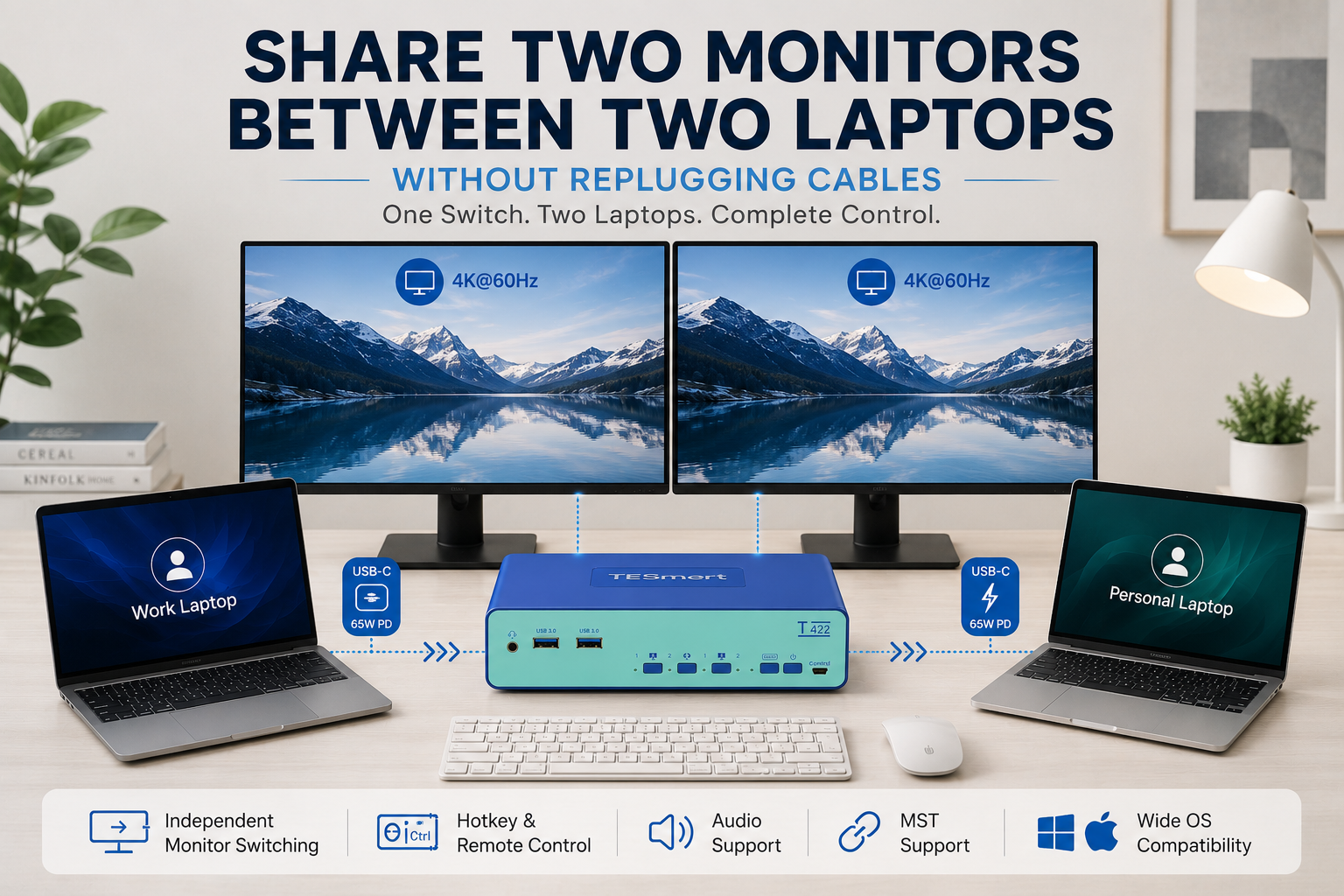 How to Share Two Monitors Between Two Laptops Without Replugging Cables