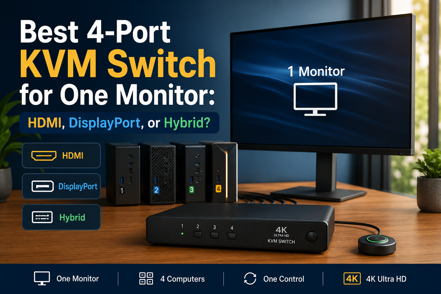 Best 4-Port KVM Switch for One Monitor: HDMI, DisplayPort, or Hybrid?