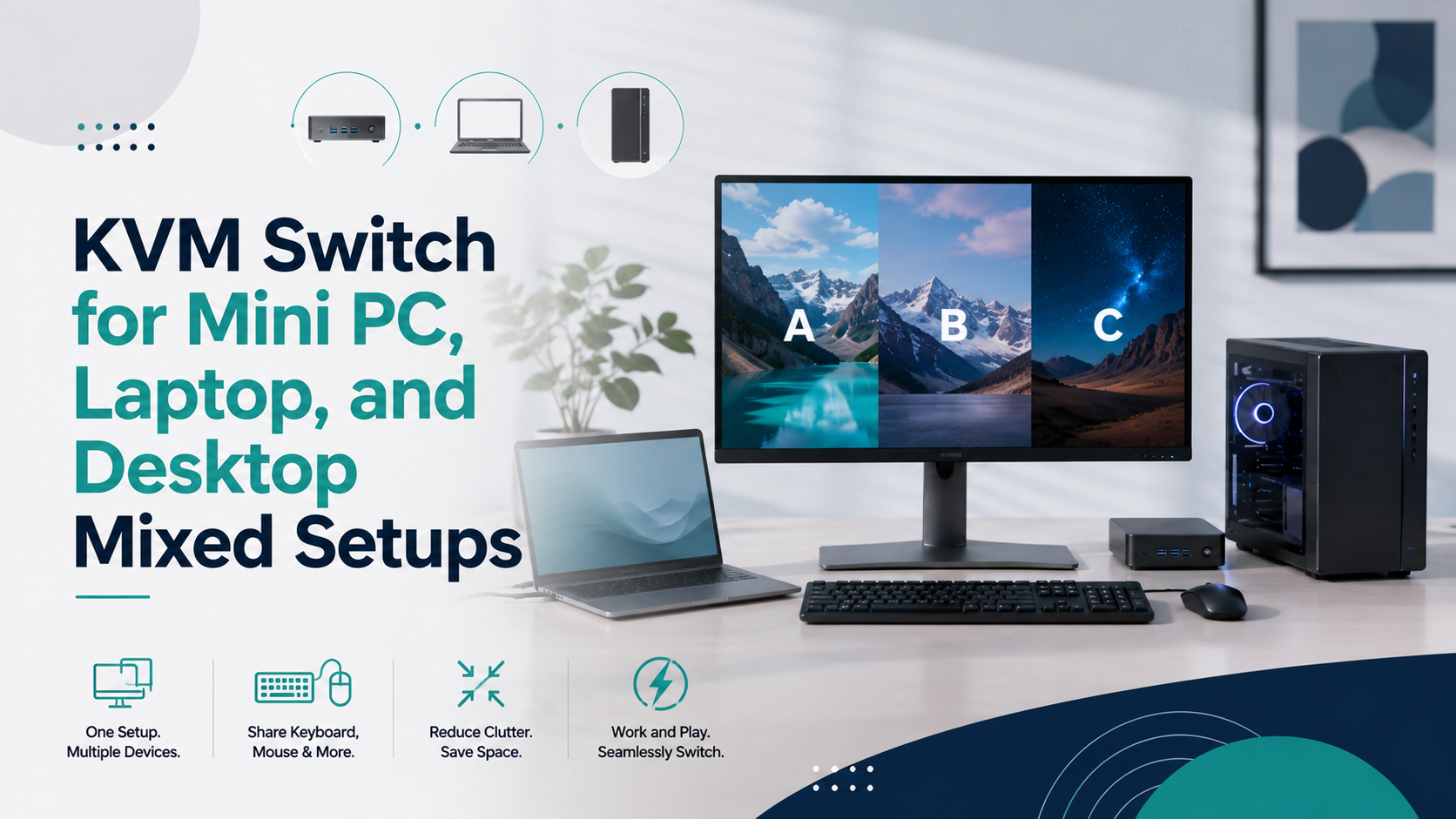 KVM Switch for Mini PC, Laptop, and Desktop Mixed Setups