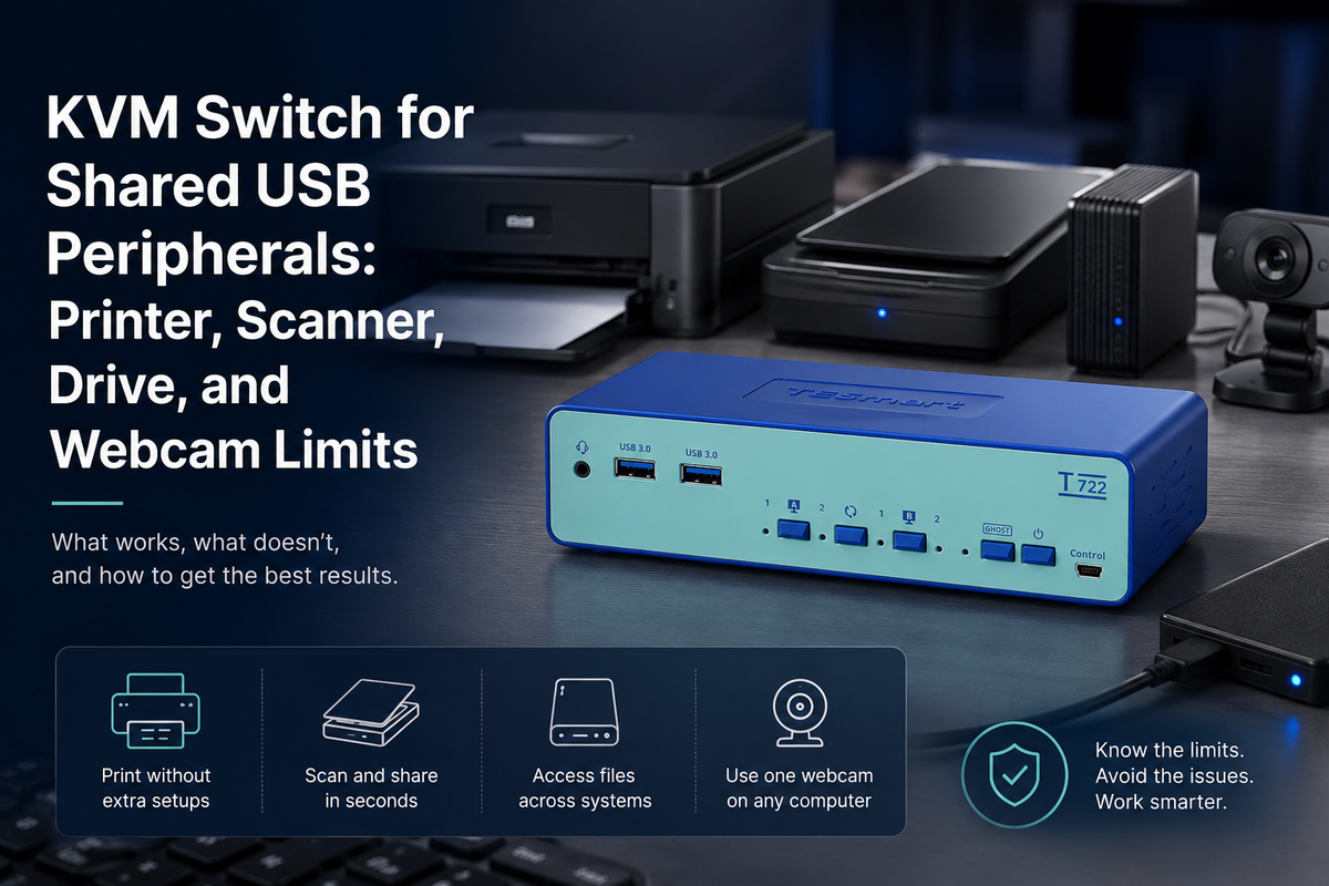 KVM Switch for Shared USB Peripherals: Printer, Scanner, Drive, and Webcam Limits